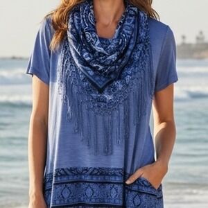 Paisley Tunic Top With Fringe Scarf Blue Size XL One World Boho Peasant Gypsy